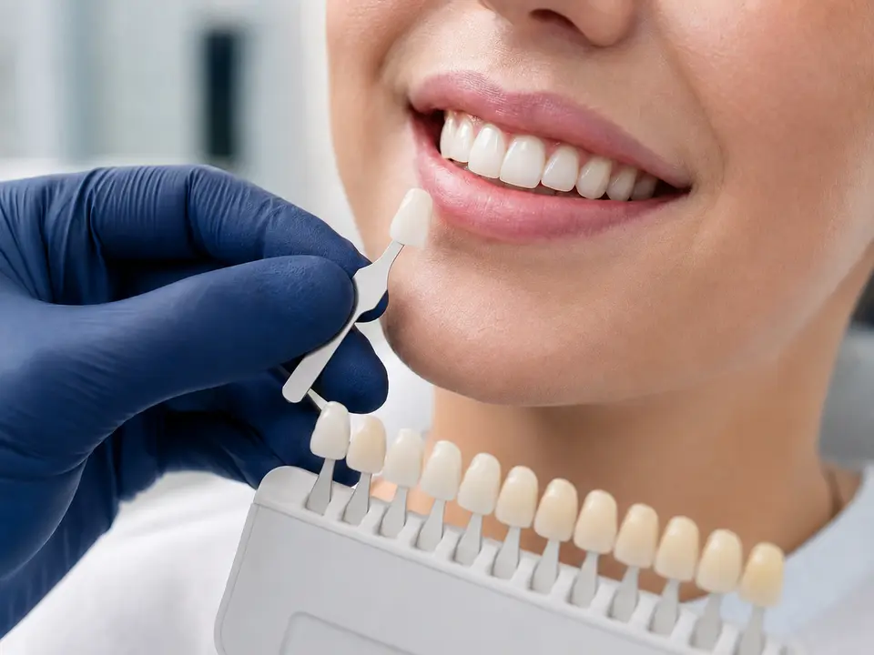 Professional shade guide and bright smile
